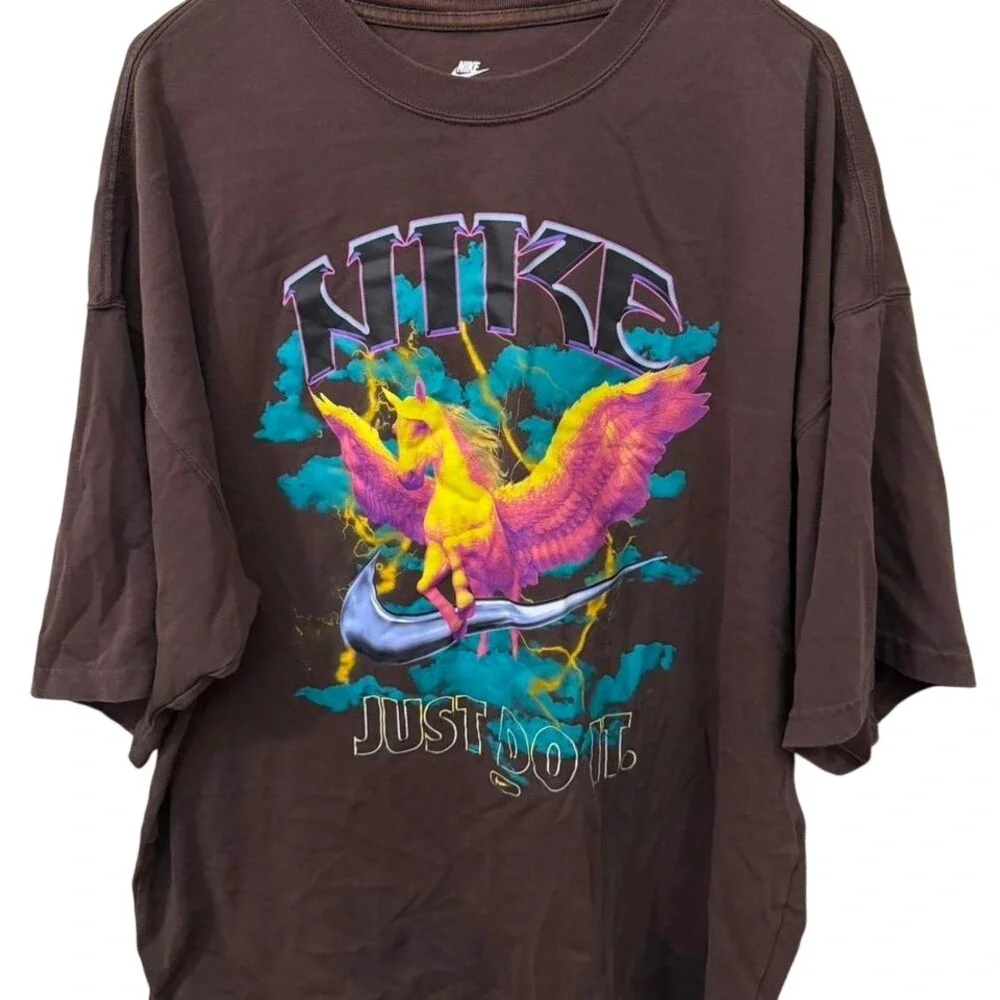 Nike Oversized Pegasus Unicorn Graphic Tee Brown Just Do It Shirt Mens L